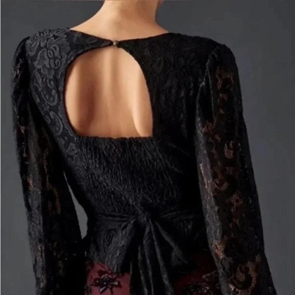 By Anthropologie Balloon-Sleeve Lace Wrap Blouse Black Small